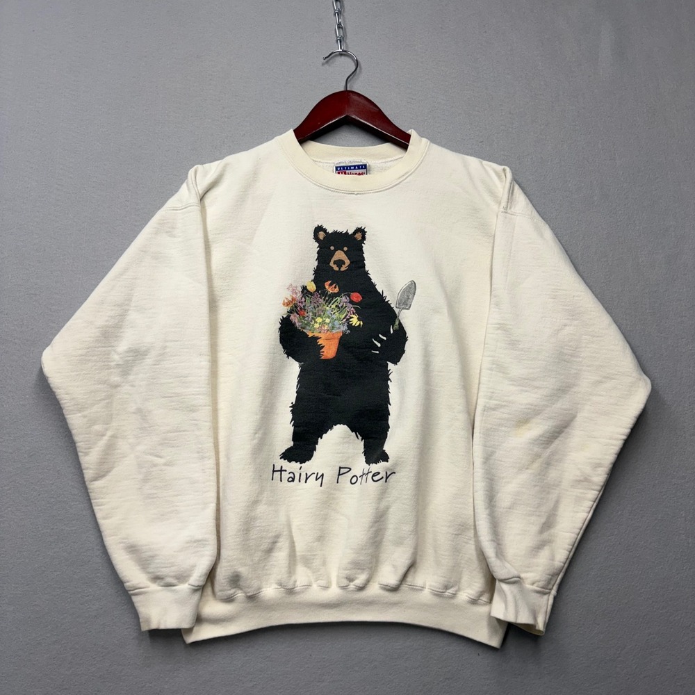 Hanes Sweatshirt Unisex Medium Cream Hairy Potter Bear Vintage 90s Pullover